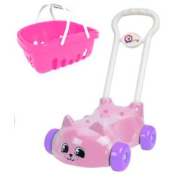 Vozík dětský nákupní růžový 46cm kočička herní set s košíkem plast