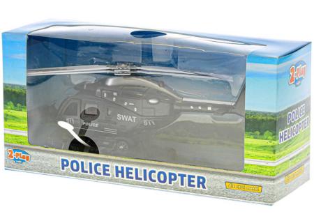 Vrtulník policejní černý 22cm zpětný chod na baterie Světlo Zvuk kov v krabici