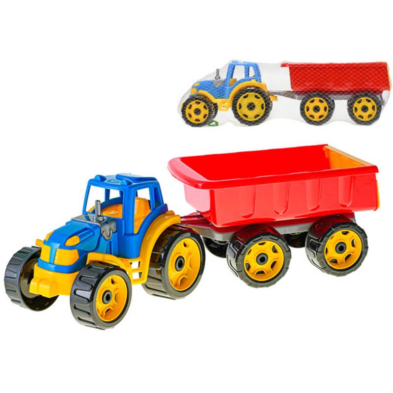 Traktor barevný set se sklápěcím přívěsem 54cm plast v síťce