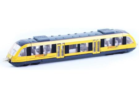 Vlak regionální žlutý model Regiojet 17cm kovový v krabičce
