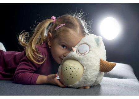 PLYŠ Baby sovička usínáček 25cm projektor na baterie Světlo Zvuk pro miminko